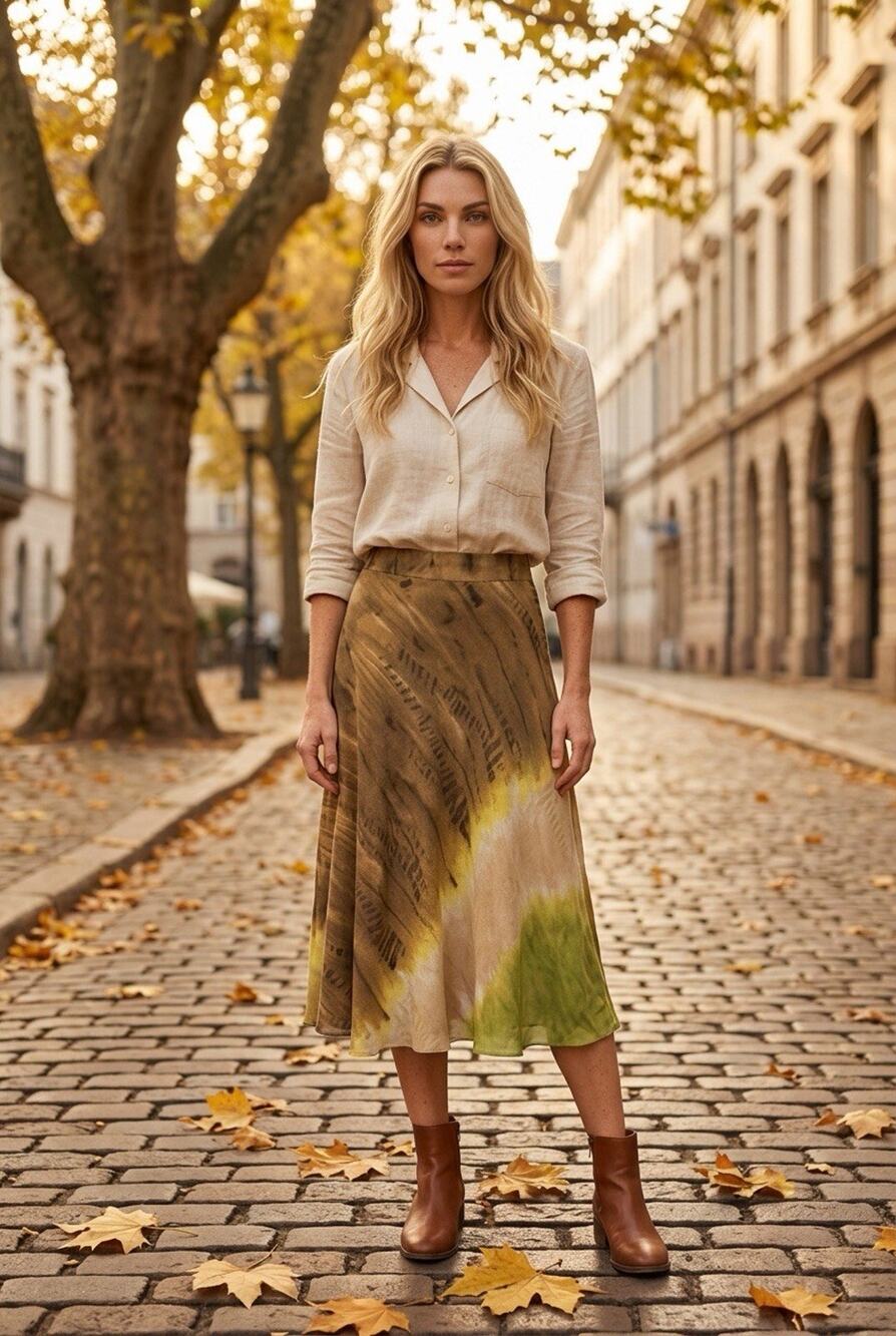 Jones New York Size 14 100% Silk Bias Cut Midi Skirt Ombre Brown Green Tan Lined